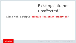 Copyright © 2017, Oracle and/or its affiliates. All rights reserved. |
alter table people default collation binary_ai;
Existing columns
unaffected!
blogs.oracle.com/sql www.youtube.com/c/TheMagicOfSQL @ChrisRSaxon
 