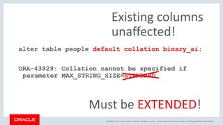 Copyright © 2017, Oracle and/or its affiliates. All rights reserved. |
alter table people default collation binary_ai;
ORA-43929: Collation cannot be specified if
parameter MAX_STRING_SIZE=STANDARD
Must be EXTENDED!
Existing columns
unaffected!
blogs.oracle.com/sql www.youtube.com/c/TheMagicOfSQL @ChrisRSaxon
 
