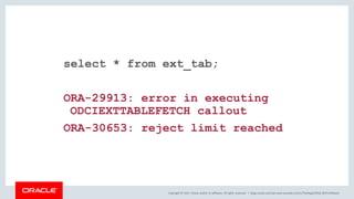 Copyright © 2017, Oracle and/or its affiliates. All rights reserved. |
select * from ext_tab;
ORA-29913: error in executing
ODCIEXTTABLEFETCH callout
ORA-30653: reject limit reached
blogs.oracle.com/sql www.youtube.com/c/TheMagicOfSQL @ChrisRSaxon
 
