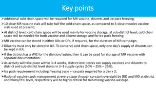 Key points
Additional cold chain space will be required for MR vaccine, diluents and ice pack freezing;
10-dose MR vaccine vials will take half the cold-chain space, as compared to 5-dose measles vaccine
vials used at present;
At district level, cold chain space will be used mainly for vaccine storage; at sub-district level, cold chain
space will be needed for both vaccine and diluent storage and for ice pack freezing;
MR vaccine can be stored in either ILRs or DFs, if required, for the duration of MR campaign;
Diluents must only be stored in ILR. To conserve cold chain space, only one day’s supply of diluents can
be kept in ILR;
If the district has a WIC for the division/region, then it can be used for storage of MR vaccine with
separate documentation;
As activity will take place within 3–4 weeks, district level stores can supply vaccines and diluents to
district and sub-district level stores in 2–3 supply cycles (50% – 25% – 25%);
Ice pack requirement including freezing cycle = ice pack required for a day x 3;
Rational vaccine stock management at every stage through constant oversight by DIO and MO at district
and block/PHC level, respectively will be highly critical for minimizing vaccine wastage.
 