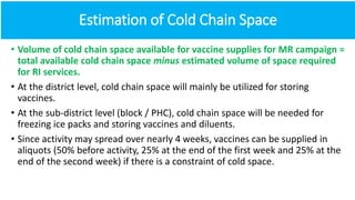 Estimation of Cold Chain Space
• Volume of cold chain space available for vaccine supplies for MR campaign =
total available cold chain space minus estimated volume of space required
for RI services.
• At the district level, cold chain space will mainly be utilized for storing
vaccines.
• At the sub-district level (block / PHC), cold chain space will be needed for
freezing ice packs and storing vaccines and diluents.
• Since activity may spread over nearly 4 weeks, vaccines can be supplied in
aliquots (50% before activity, 25% at the end of the first week and 25% at the
end of the second week) if there is a constraint of cold space.
 