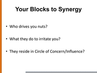 Your Blocks to Synergy
• Who drives you nuts?
• What they do to irritate you?
• They reside in Circle of Concern/Influence?
 