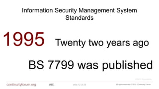All rights reserved © 2018 Continuity ForumJISC slide 12 of 29
Information Security Management System
Standards
1995 Twenty two years ago
BS 7799 was published
ISMS Standards
 