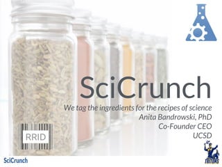 SciCrunchWe tag the ingredients for the recipes of science
Anita Bandrowski, PhD
Co-Founder CEO
UCSDRRID
 