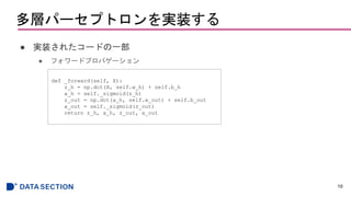 ӥѩ`ץȥgװ
 gװ줿`ɤһ
 ե`ɥץѥ`
10
def _forward(self, X):
z_h = np.dot(X, self.w_h) + self.b_h
a_h = self._sigmoid(z_h)
z_out = np.dot(a_h, self.w_out) + self.b_out
a_out = self._sigmoid(z_out)
return z_h, a_h, z_out, a_out
 