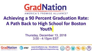 www.GradNation.org | #GradNation
gradnation90@americaspromise.org
Achieving a 90 Percent Graduation Rate:
A Path Back to High School for Boston
Youth
Thursday, December 13, 2018
3:00 - 4:15pm EST
 