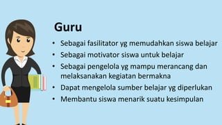Guru
• Sebagai fasilitator yg memudahkan siswa belajar
• Sebagai motivator siswa untuk belajar
• Sebagai pengelola yg mampu merancang dan
melaksanakan kegiatan bermakna
• Dapat mengelola sumber belajar yg diperlukan
• Membantu siswa menarik suatu kesimpulan
 