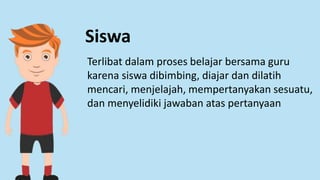 Siswa
Terlibat dalam proses belajar bersama guru
karena siswa dibimbing, diajar dan dilatih
mencari, menjelajah, mempertanyakan sesuatu,
dan menyelidiki jawaban atas pertanyaan
 