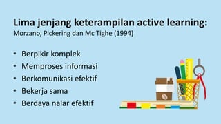 Lima jenjang keterampilan active learning:
Morzano, Pickering dan Mc Tighe (1994)
• Berpikir komplek
• Memproses informasi
• Berkomunikasi efektif
• Bekerja sama
• Berdaya nalar efektif
 