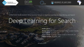 AFIRM: ACM SIGIR/SIGKDD Africa Summer School on Machine Learning for Data Mining and Search
Deep Learning for Search
Instructors
Bhaskar Mitra, Microsoft & University College London, Canada
Nick Craswell, Microsoft, USA
Emine Yilmaz, University College London & Microsoft, UK
Daniel Campos, Microsoft, USA
January 2019
 