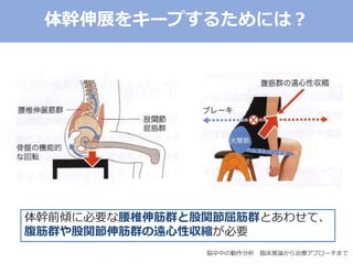 体幹伸展をキープするためには？
体幹前傾に必要な腰椎伸筋群と股関節屈筋群とあわせて、
腹筋群や股関節伸筋群の遠心性収縮が必要
脳卒中の動作分析 臨床推論から治療アプローチまで
 