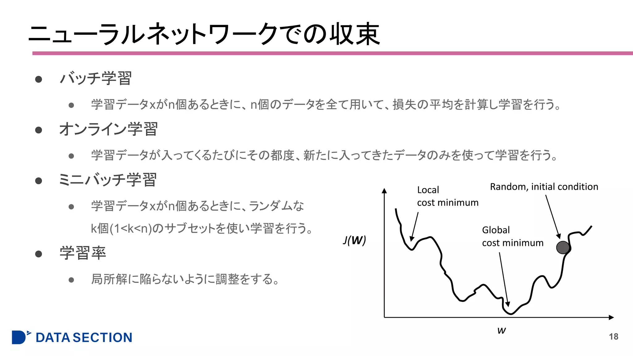 ニューラルネットワークでの収束
● バッチ学習
● 学習データxがn個あるときに、n個のデータを全て用いて、損失の平均を計算し学習を行う。
● オンライン学習
● 学習データが入ってくるたびにその都度、新たに入ってきたデータのみを使って学習を行う。
● ミニバッチ学習
● 学習データxがn個あるときに、ランダムな
k個(1<k<n)のサブセットを使い学習を行う。
● 学習率
● 局所解に陥らないように調整をする。
18
 