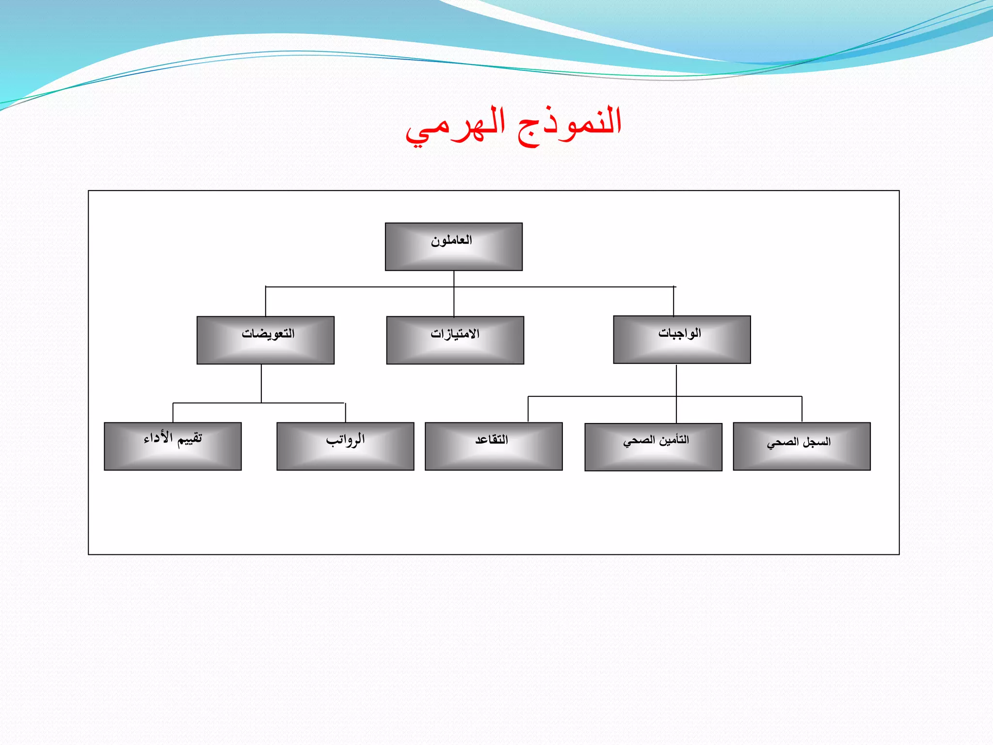 ‫الهرمي‬ ‫النموذج‬
‫الواجبات‬‫االمتيازات‬
‫الصحي‬ ‫التأمين‬‫التقاعد‬ ‫الصحي‬ ‫السجل‬
‫العاملون‬
‫التعويضات‬
‫الرواتب‬‫األداء‬ ‫تقييم‬
 