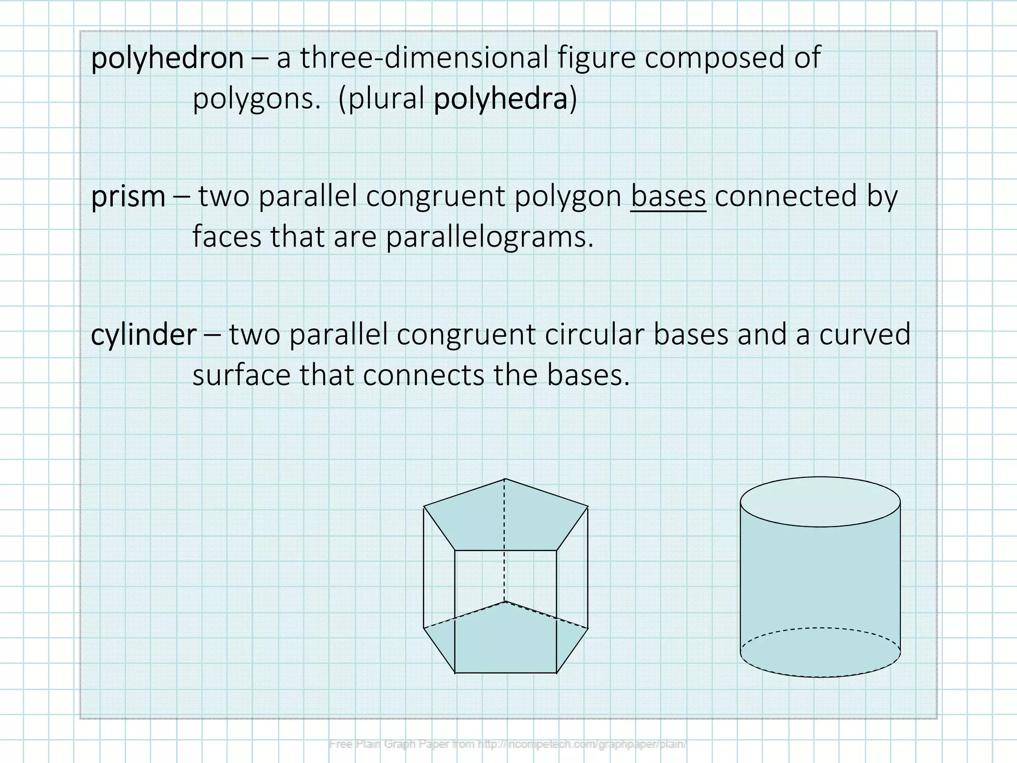 polyhedronpolyhedronpolyhedronpolyhedron – a three-dimensional figure composed of
polygons. (plural polyhedrapolyhedrapolyhedrapolyhedra)
prismprismprismprism – two parallel congruent polygon bases connected by
faces that are parallelograms.
cylindercylindercylindercylinder – two parallel congruent circular bases and a curved
surface that connects the bases.
 