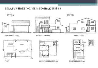 BELAPUR HOUSING, NEW BOMBAY, 1983-86
SIDE ELEVATION
PLAN
TYPE B
SIDE ELEVATION
GROUND FLOOR PLAN FIRST FLOOR PLAN
ELEVATION
TYPE A
 