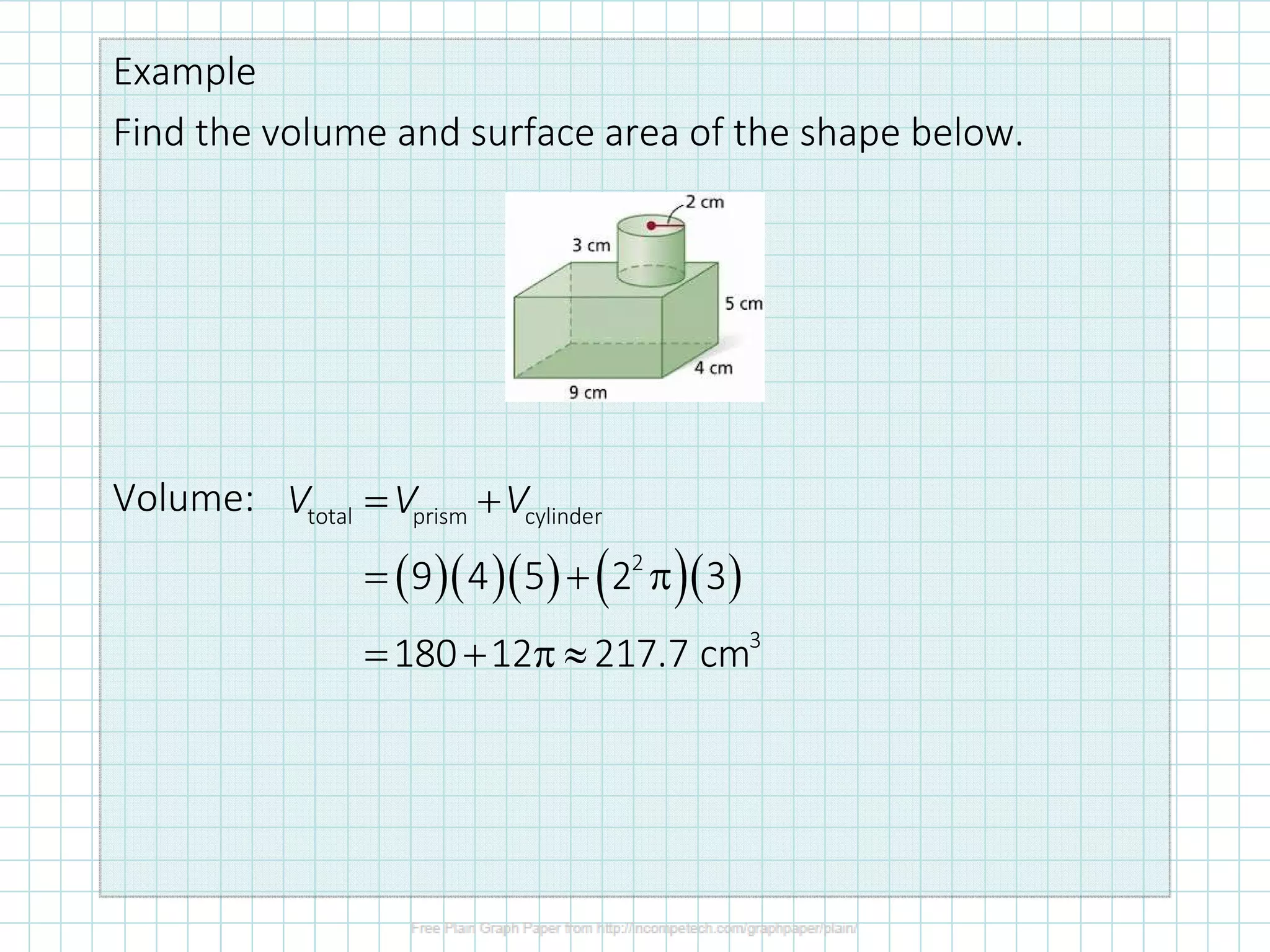 Example
Find the volume and surface area of the shape below.
Volume:
( )( )( ) ( )( )
total prism cylinder
2
3
9 4 5 2 3
180 12 217.7 cm
V V V= +
= + π
= + π ≈