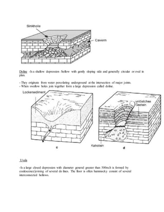 Doline -Is a shallow depression /hollow with gently sloping side and generally circular or oval in
plan.
- They originate from water percolating underground at the intersection of major joints.
- When swallow holes join together form a large depression called doline.
Uvala
-Is a large closed depression with diameter general greater than 500m.It is formed by
coalescence/joining of several do lines. The floor is often hummocky consist of several
interconnected hollows.
 