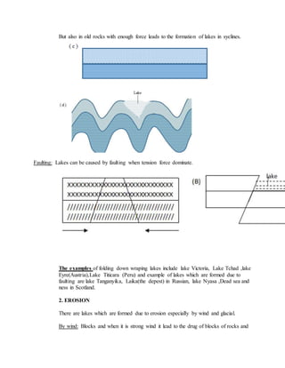 But also in old rocks with enough force leads to the formation of lakes in syclines.
Faulting: Lakes can be caused by faulting when tension force dominate.
The examples of folding down wraping lakes include lake Victoria, Lake Tchad ,lake
Eyre(Austria),Lake Titicara (Peru) and example of lakes which are formed due to
faulting are lake Tanganyika, Laika(the depest) in Russian, lake Nyasa ,Dead sea and
ness in Scotland.
2. EROSION
There are lakes which are formed due to erosion especially by wind and glacial.
By wind: Blocks and when it is strong wind it lead to the drug of blocks of rocks and
 