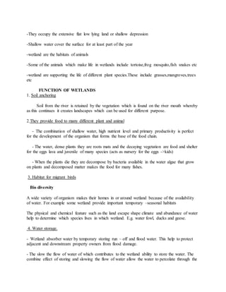 -They occupy the extensive flat low lying land or shallow depression
-Shallow water cover the surface for at least part of the year
-wetland are the habitats of animals
-Some of the animals which make life in wetlands include tortoise,frog mosquito,fish snakes etc
-wetland are supporting the life of different plant species.These include grasses,mangroves,trees
etc
FUNCTION OF WETLANDS
1. Soil anchoring
Soil from the river is retained by the vegetation which is found on the river mouth whereby
as this continues it creates landscapes which can be used for different purpose.
2.They provide food to many different plant and animal
- The combination of shallow water, high nutrient level and primary productivity is perfect
for the development of the organism that forms the base of the food chain.
- The water, dense plants they are roots mats and the decaying vegetation are food and shelter
for the eggs lava and juvenile of many species (acts as nursery for the eggs ->kids)
- When the plants die they are decompose by bacteria available in the water algae that grow
on plants and decomposed matter makes the food for many fishes.
3. Habitat for migrant birds
Bio diversity
A wide variety of organism makes their homes in or around wetland because of the availability
of water. For example some wetland provide important temporary –seasonal habitats
The physical and chemical feature such as the land escape shape climate and abundance of water
help to determine which species lives in which wetland. E.g. water fowl, ducks and geese.
4. Water storage.
- Wetland absorber water by temporary storing run – off and flood water. This help to protect
adjacent and downstream property owners from flood damage.
- The slow the flow of water of which contributes to the wetland ability to store the water. The
combine effect of storing and slowing the flow of water allow the water to percolate through the
 