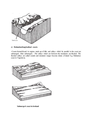 c) Dalmatian/longitudinal coasts
-Coasts formed/found in regions made up of hills and valleys which lie parallel to the coast are
submerged. After submerged; - The valleys which are between the mountains are flooded. The
flooded valleys are called sounds and mountain ranges become chains of island E.g. Dalmatian
coast in Yugoslavia.
Submerged coast in lowland
 