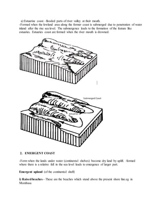 a) Estuarine coast –flooded parts of river valley at their mouth.
-Formed when the lowland area along the former coast is submerged due to penetration of water
inland after the rise sea level. The submergence leads to the formation of the feature like
estuaries. Estuaries coast are formed when the river mouth is drowned.
2. EMERGENT COAST
-Form when the lands under water (continental shelves) become dry land by uplift. /formed
where there is a relative fall in the sea level leads to emergence of larger part.
Emergent upland (of the continental shelf)
i) Raisedbeaches - These are the beaches which stand above the present shore line.eg in
Mombasa
 