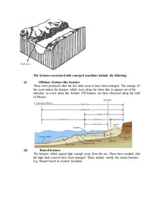 The features associatedwith emerged coastlines include the following
(i) Offshore features like beaches
These were produced after the low land coast to have been emerged. The emerge of
the coast makes the features which were along the shore line to appear out of the
shoreline as a new shore line formed. Off features are more observed along the Gulf
of Mexico.
(ii) Raisedfeatures
The features which appear high enough away from the sea. These have resulted after
the high land coast to have been emerged. These include mostly the raised beaches.
E.g. Raised beach in western Scotland.
 