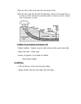 -These are well in order to tap water from the artesian basins.
-When the well is sunk into the basin the hydrostatic pressure in the ground force it
to come out. If the water doesn`t reach the surface it is known as semi –artesian
well. (Construction of well).
Condition for development of permanent well
-Climate condition – Summer season in order to know the dry season water table
-Angle of the slope – Gentle slope
-Amount of vegetation cover should be available
-Water bodies available.
D. SPRINGS.
- Is the out flowing of water from the group surface.
- Springs develop where the water tables meet the surface.
 