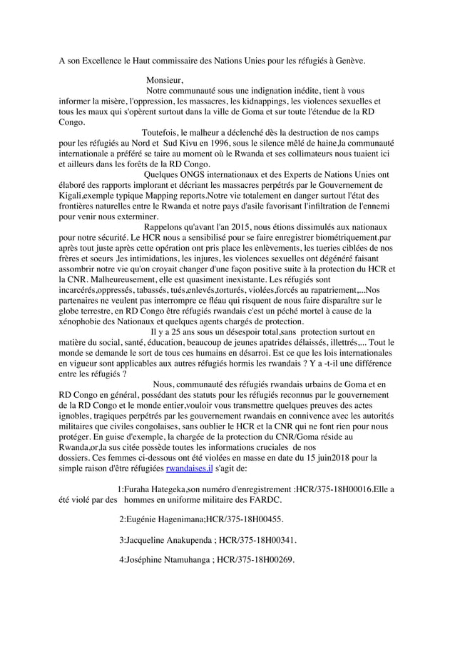 lettre des réfugiés rwandais à l'HCR
