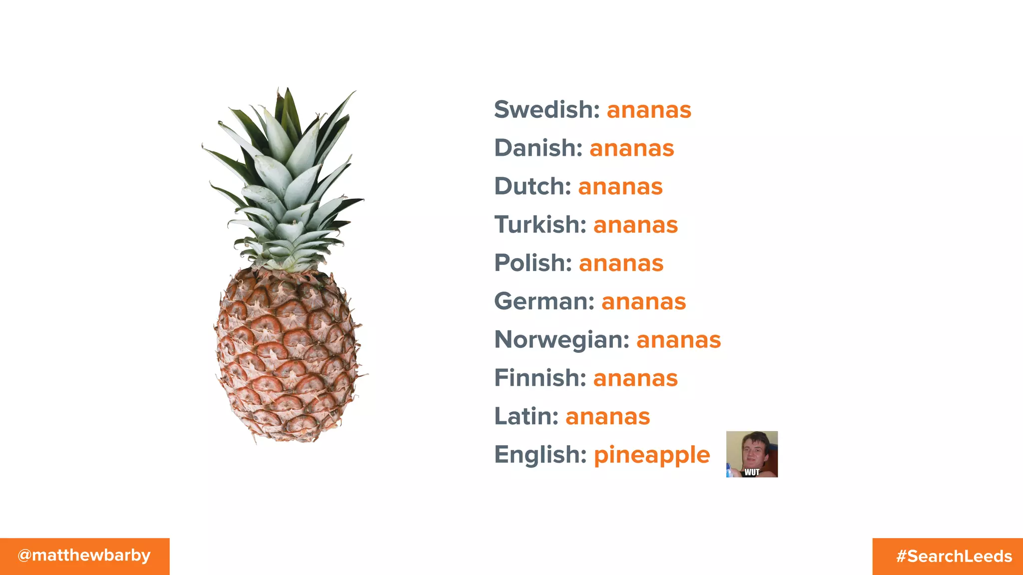 #SearchLeeds@matthewbarby
Swedish: ananas
Danish: ananas
Dutch: ananas
Turkish: ananas
Polish: ananas
German: ananas
Norwegian: ananas
Finnish: ananas
Latin: ananas
English: pineapple
 