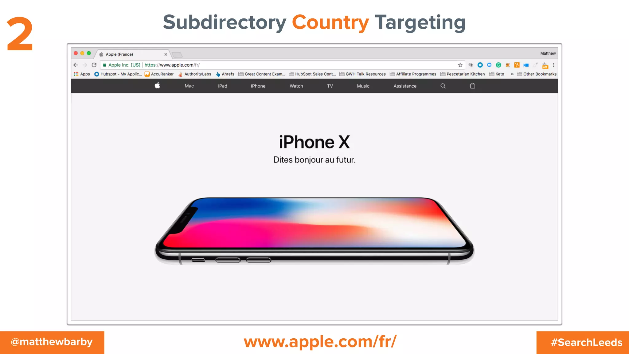 #SearchLeeds@matthewbarby
Subdirectory Country Targeting
2
www.apple.com/fr/
 