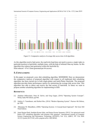 International Journal of Computer Science, Engineering and Applications (IJCSEA) Vol. 9, No. 1/2/3, June 2019
19
Figure 21: Comparative analysis of average disk access time of all algorithms
As this algorithm resolve bad sector, the read/write head does not need to access a single index (a
particular position in hard-disk), multiple times, with the help of infrared/ blue-ray beams. So this
algorithm also reduces heat generation within the hard-disk by:
Heat reduced = h*n-2 (heat generated per bit access).
5. CONCLUSIONS
In this paper we proposed a new disk scheduling algorithm, MODSBSM. Here we demonstrate
the comparative analysis of proposed algorithm with respect to all traditional disk scheduling
algorithm, has been carried out in both single-platter and multi-Platter Hard-disk. The proposed
algorithm provides better performance metrics by minimizing the average disk access time. This
algorithm also able to detect and resolve the bad sectors of hard-disk. In future we want to
propose another scheduling algorithm for implementing in SSD.
REFERENCES
[1] Abraham Silberschatz, Peter B. Galvin, and Gerg Gagne, (2014) ―Operating System Concepts‖.
Willey India 9th Edition, pp 944.
[2] Andrew S. Tanenbaum, and Herbert Bos, (2014) ―Modern Operating System‖. Pearson 4th Edition,
pp 1080.
[3] Dhananjay M. Dhamdhere, (2006) ―Operating Systems: A Concept-based Approach‖. Mc Graw Hill
Third Edition.
[4] Amar Ranjan Dash, Sandipta Kumar Sahu, and Sanjay Kumar Samantra, (2015) ―An optimized round
Robin CPU scheduling algorithm with dynamic time quantum‖. International Journal of Computer
Science Engineering and Information Technology (IJCSEIT), Vol. 5(1), AIRCC, PP 7-26, DOI:
10.5121/ijcseit.2015.5102, arXiv preprint arXiv:1605.00362.
 
