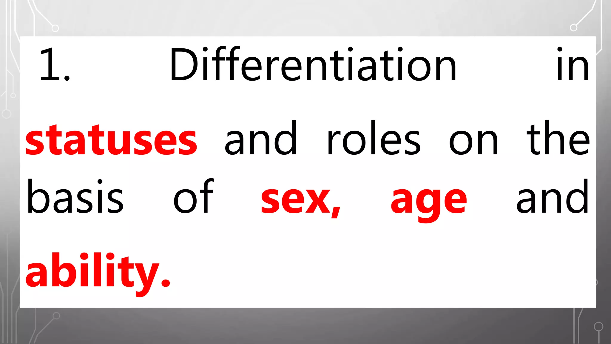 1. Differentiation in
statuses and roles on the
basis of sex, age and
ability.
 