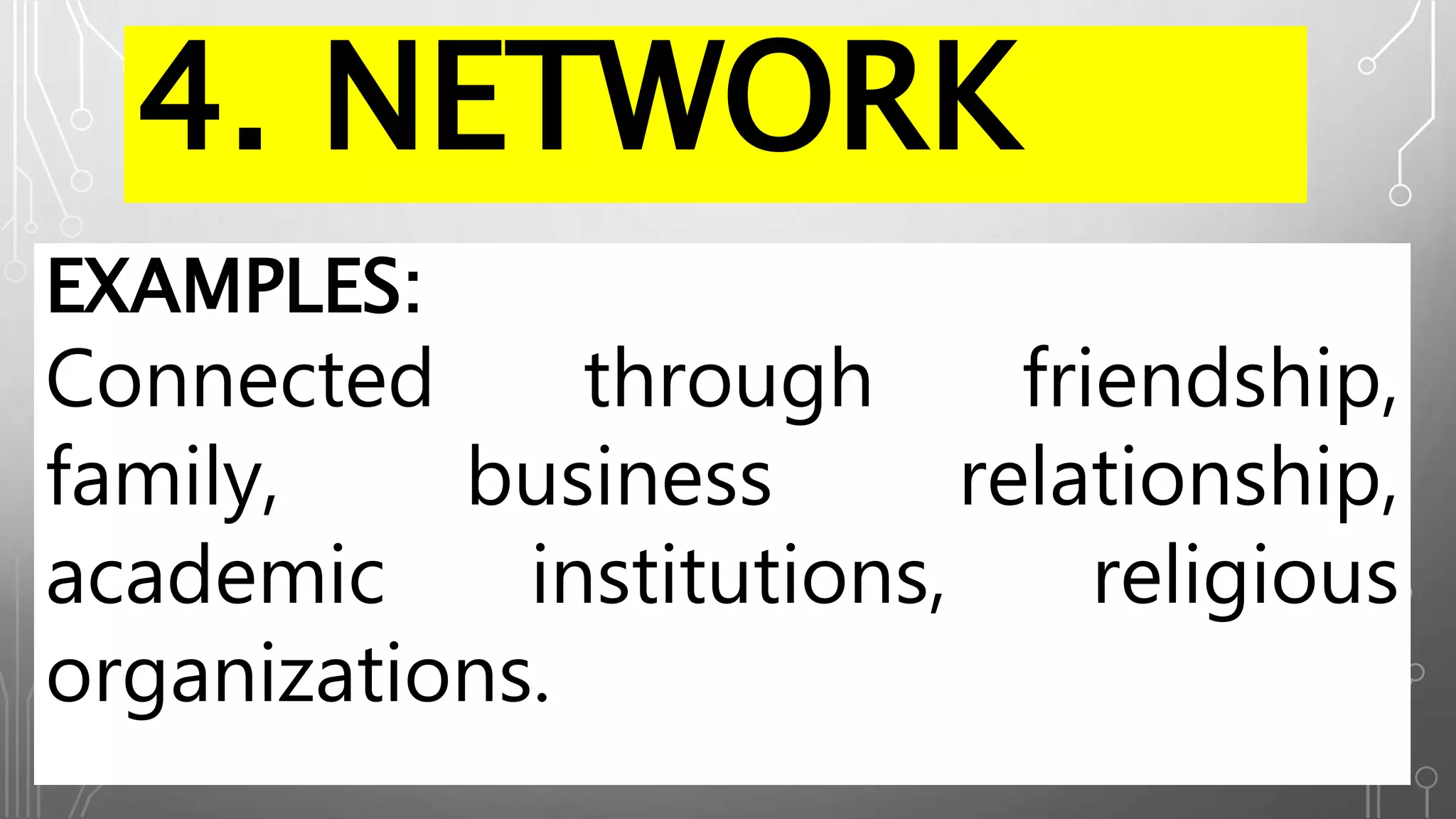 4. NETWORK
EXAMPLES:
Connected through friendship,
family, business relationship,
academic institutions, religious
organizations.
 