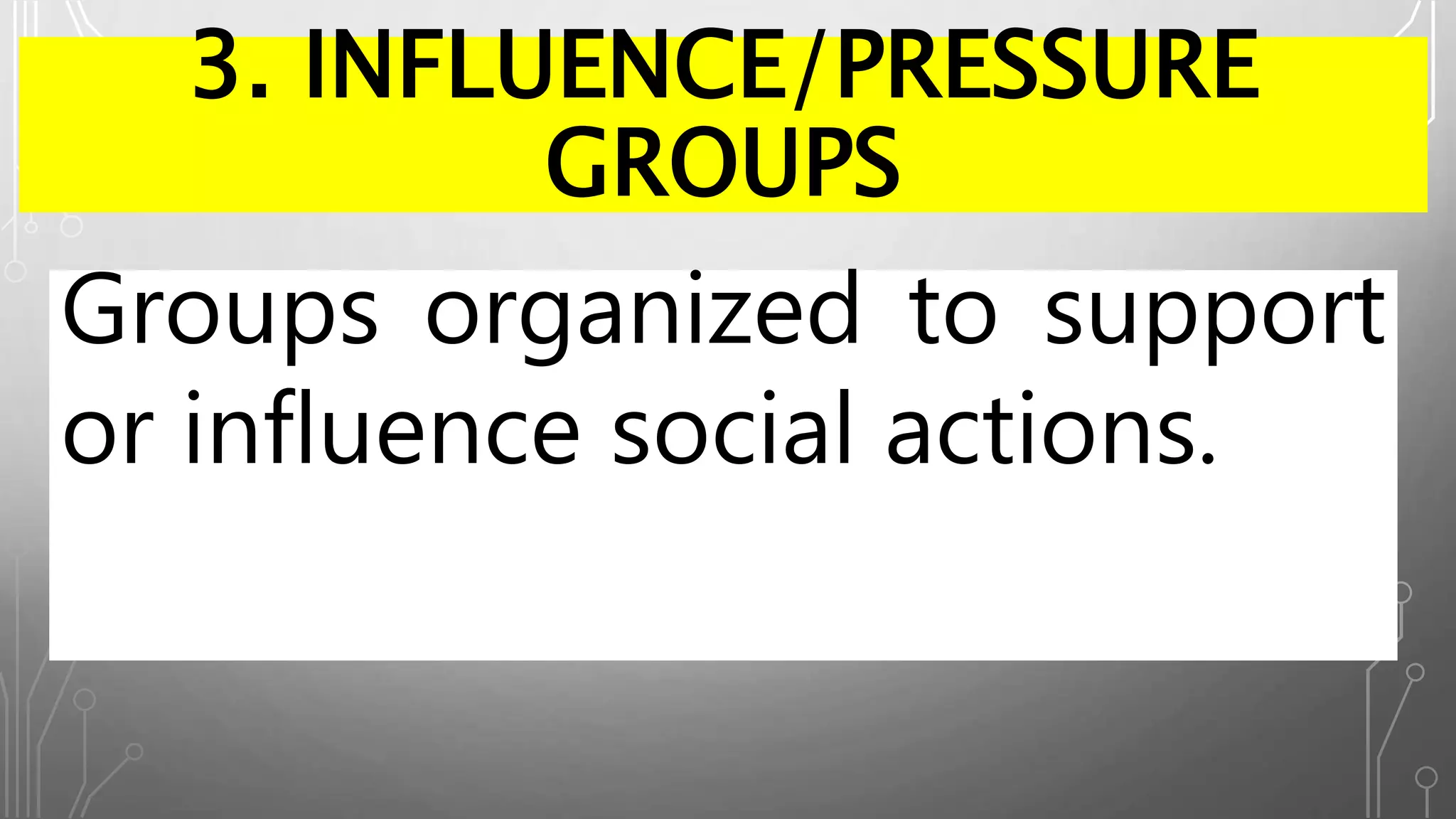 3. INFLUENCE/PRESSURE
GROUPS
Groups organized to support
or influence social actions.
 