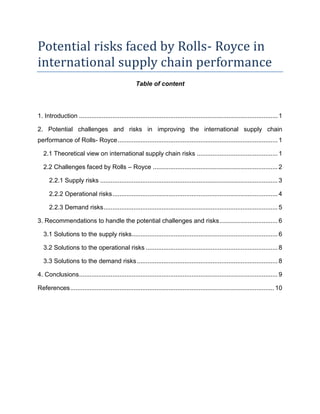 Potential risks faced by Rolls- Royce in
international supply chain performance
Table of content
1. Introduction ................................................................................................................. 1
2. Potential challenges and risks in improving the international supply chain
performance of Rolls- Royce........................................................................................... 1
2.1 Theoretical view on international supply chain risks .............................................. 1
2.2 Challenges faced by Rolls – Royce ....................................................................... 2
2.2.1 Supply risks ..................................................................................................... 3
2.2.2 Operational risks.............................................................................................. 4
2.2.3 Demand risks................................................................................................... 5
3. Recommendations to handle the potential challenges and risks................................. 6
3.1 Solutions to the supply risks................................................................................... 6
3.2 Solutions to the operational risks ........................................................................... 8
3.3 Solutions to the demand risks................................................................................ 8
4. Conclusions................................................................................................................. 9
References.................................................................................................................... 10
 