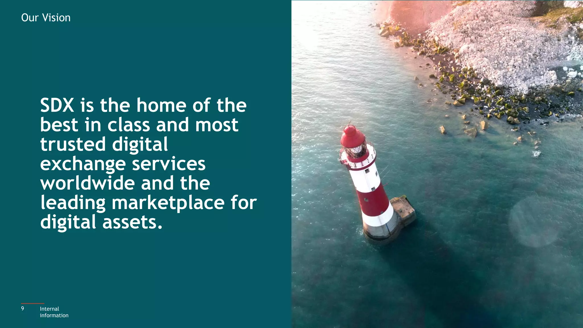 SDX is the home of the
best in class and most
trusted digital
exchange services
worldwide and the
leading marketplace for
digital assets.
9 Internal
information
Our Vision
 