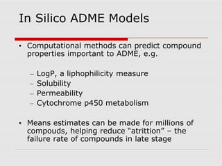 In Silico ADME Models
• Computational methods can predict compound
properties important to ADME, e.g.
– LogP, a liphophilicity measure
– Solubility
– Permeability
– Cytochrome p450 metabolism
• Means estimates can be made for millions of
compouds, helping reduce “atrittion” – the
failure rate of compounds in late stage
 