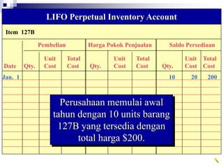 Item 127B
LIFO Perpetual Inventory Account
Pembelian Harga Pokok Penjualan Saldo Persediaan
Unit Total Unit Total Unit Total
Date Qty. Cost Cost Qty. Cost Cost Qty. Cost Cost
Jan. 1 10 20 200
Perusahaan memulai awal
tahun dengan 10 units barang
127B yang tersedia dengan
total harga $200.
 