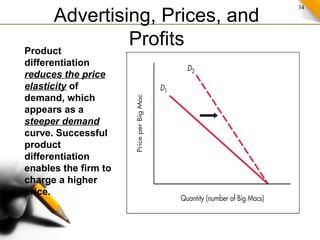 34
Advertising, Prices, and
ProfitsProduct
differentiation
reduces the price
elasticity of
demand, which
appears as a
steeper demand
curve. Successful
product
differentiation
enables the firm to
charge a higher
price.
 