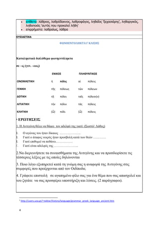 4
 επίθετα: λάθριος, λαθρόδακνος, λαθροφάγος, ληθαῖος 'ξεχασιάρης', ληθαργικός,
ληθοποιός 'αυτός που προκαλεί λήθη'
 επιρρήματα: λαθραίως, λάθρα
ΟΥΣΙΑΣΤΙΚΑ
ΦΩΝΗΕΝΤΟΛΗΚΤΑ Γ ΚΛΙΣΗΣ
Καταληκτικά διπλόθεμα φωνηεντόληκτα
σε –ις (γεν. –εως)
ΕΝΙΚΟΣ ΠΛΗΘΥΝΤΙΚΟΣ
ΟΝΟΜΑΣΤΙΚΗ ἡ πόλις αἱ πόλεις
ΓΕΝΙΚΗ τῆς πόλεως τῶν πόλεων
ΔΟΤΙΚΗ τῇ πόλει ταῖς πόλεσι(ν)
ΑΙΤΙΑΤΙΚΗ τήν πόλιν τάς πόλεις
ΚΛΗΤΙΚΗ (ὦ) πόλι (ὦ) πόλεις
1
ΕΡΩΤΗΣΕΙΣ
1. Η Αντιγόνη θέλει να θάψει τον αδελφό της γιατί: (Σωστό/ Λάθος)
I. Ο αγώνας του ήταν δίκαιος ………………..
II. Γιατί ο άταφος νεκρός ήταν προσβολή κατά των θεών …………
III. Γιατί επιθυμεί να πεθάνει…………….
IV. Γιατί είναι αδελφός της …………………..
2.Να διερευνήσετε τα συναισθήματα της Αντιγόνης και να προσδιορίσετε τις
τέσσερεις λέξεις με τις οποίες δηλώνονται
3. Ποιο λόγο εξυπηρετεί κατά τη γνώμη σας η αναφορά της Αντιγόνης στις
συμφορές που προέρχονται από τον Οιδίποδα;
4. Γράφετε επιστολή σε αγαπημένο φίλο σας για ένα θέμα που σας απασχολεί και
του ζητάτε να σας προσφέρει υποστήριξη και λύσεις. (2 παράγραφοι).
1
http://users.uoa.gr/~nektar/history/language/grammar_greek_language_ancient.htm
 