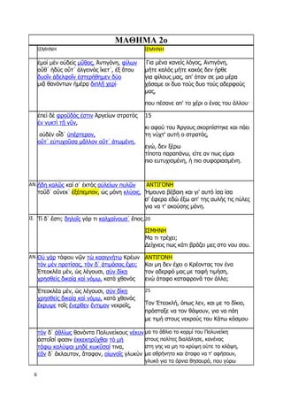 6
ΜΑΘΗΜΑ 2ο
ΙΣΜΗΝΗ ΙΣΜΗΝΗ
ἐμοὶ μὲν οὐδεὶς μῦθος, Ἀντιγόνη, φίλων
οὔθ᾽ ἡδὺς οὔτ᾽ ἀλγεινὸς ἵκετ᾽, ἐξ ὅτου
δυοῖν ἀδελφοῖν ἐστερήθημεν δύο
μιᾷ θανόντων ἡμέρᾳ διπλῇ χερί·
Για μένα κανείς λόγος, Αντιγόνη,
μήτε καλός μήτε κακός δεν ήρθε
για φίλους μας, απ' όταν σε μια μέρα
χάσαμε οι δυο τούς δυο τούς αδερφούς
μας,
που πέσανε απ' το χέρι ο ένας του άλλου·
ἐπεὶ δὲ φροῦδός ἐστιν Ἀργείων στρατὸς
ἐν νυκτὶ τῇ νῦν,
οὐδὲν οἶδ᾽ ὑπέρτερον,
οὔτ᾽ εὐτυχοῦσα μᾶλλον οὔτ᾽ ἀτωμένη.
15
κι αφού του Άργους σκορπίστηκε και πάει
τη νύχτ' αυτή ο στρατός,
εγώ, δεν ξέρω
τίποτα παραπάνω, είτε αν πως είμαι
πιο ευτυχισμένη, ή πιο συφοριασμένη.
AN.ᾔδη καλῶς καί σ᾽ ἐκτὸς αὐλείων πυλῶν
τοῦδ᾽ οὕνεκ᾽ ἐξέπεμπον, ὡς μόνη κλύοις.
ΑΝΤΙΓΟΝΗ
Ήμουνα βέβαιη και γι' αυτό ίσα ίσα
σ' έφερα εδώ έξω απ' της αυλής τις πύλες
για να τ' ακούσης μόνη.
ΙΣ. Τί δ᾽ ἔστι; δηλοῖς γάρ τι καλχαίνουσ᾽ ἔπος.20
ΙΣΜΗΝΗ
Μα τι τρέχει;
Δείχνεις πως κάτι βράζει μες στο νου σου.
ΑΝ.Οὐ γὰρ τάφου νῷν τὼ κασιγνήτω Κρέων
τὸν μὲν προτίσας, τὸν δ᾽ ἀτιμάσας ἔχει;
Ἐτεοκλέα μέν, ὡς λέγουσι, σὺν δίκῃ
χρησθεὶς δικαίᾳ καὶ νόμῳ, κατὰ χθονὸς
ΑΝΤΙΓΟΝΗ
Και μη δεν έχει ο Κρέοντας τον ένα
τον αδερφό μας με ταφή τιμήση,
ενώ άταφο καταφρονά τον άλλο;
Ἐτεοκλέα μέν, ὡς λέγουσι, σὺν δίκῃ
χρησθεὶς δικαίᾳ καὶ νόμῳ, κατὰ χθονὸς
ἔκρυψε τοῖς ἔνερθεν ἔντιμον νεκροῖς,
25
Τον Έτεοκλή, όπως λεν, και με το δίκιο,
πρόσταξε να τον θάψουν, για να πάη
με τιμή στους νεκρούς του Κάτω κόσμου·
τὸν δ᾽ ἀθλίως θανόντα Πολυνείκους νέκυν
ἀστοῖσί φασιν ἐκκεκηρῦχθαι τὸ μὴ
τάφῳ καλύψαι μηδὲ κωκῦσαί τινα,
ἐᾶν δ᾽ ἄκλαυτον, ἄταφον, οἰωνοῖς γλυκὺν
μα το άθλιο το κορμί του Πολυνείκη
στους πολίτες διαλάλησε, κανένας
στη γης να μη το κρύψη ούτε το κλάψη,
μα αθρήνητο και άταφο να τ' αφήσουν,
γλυκό για τα όρνια θησαυρό, που γύρω
 