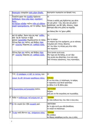 7
θησαυρὸν εἰσορῶσι πρὸς χάριν βορᾶς. καρτερούν λιμασμένα για θροφή τους.
Τοιαῦτά φασι τὸν ἀγαθὸν Κρέοντα
σοὶΝκἀμοί, λέγω γὰρ κἀμέ, κηρύξαντ᾽
ἔχειν,
καὶ δεῦρο νεῖσθαι ταῦτα τοῖσι μὴ εἰδόσιν
σαφῆ προκηρύξοντα, καὶ τὸ πρᾶγμ᾽ ἄγειν
30
Τέτοια ο καλός μας Κρέοντας για σένα
και για μένα ―ναι, λέω και για μένα―
διαλάλησε· και θά 'ρθη, λέγουν, τώρα
ξάστερα εδώ στη μέση να κηρύξη
για όσους δεν το 'χουν μάθη·
καὶ τὸ πρᾶγμ᾽ ἄγειν οὐχ ὡς παρ᾽ οὐδέν,
ἀλλ᾽ ὃς ἂν τούτων τι δρᾷ
φόνον προκεῖσθαι δημόλευστον ἐν πόλει.
Οὕτως ἔχει σοι ταῦτα, καὶ δείξεις τάχα
εἴτ᾽ εὐγενὴς πέφυκας εἴτ᾽ ἐσθλῶν κακή.
35
Και το πράμα
το παίρνει όχι έτσι αψήφιστα, μα αν κάποιος
τολμήση κάτι τέτοιο, θάνατος
απ' του λάου τις πέτρες μες στην πόλη
τον περιμένει.
Οὕτως ἔχει σοι ταῦτα, καὶ δείξεις τάχα
εἴτ᾽ εὐγενὴς πέφυκας εἴτ᾽ ἐσθλῶν κακή.
Έτσι λοιπόν αυτά ειναι.
Μα τώρα εσύ θα δείξης, αν εισ' άξιο
της γενιάς σου βλαστάρι, ή αν ενώ εισαι
από τέτοιους προγόνους, τους ντροπιάζεις.
Τί δ᾽, ὦ ταλαῖφρον, εἰ τάδ᾽ ἐν τούτοις, ἐγὼ
λύουσ᾽ ἂν εἴθ᾽ ἅπτουσα προσθείμην πλέον;
40
ΙΣΜΗΝΗ
Μ' αν έτσι είναι, ώ ταλαίπωρη, το πράμα,
τί παραπάνω εγώ θενά προστέσω
αν βάλω ή αν δε βάλω χέρι;
ΑΝ.Εἰ ξυμπονήσεις καὶ ξυνεργάσῃ σκόπει. ΑΝΤΙΓΟΝΗ
Σκέψου
μαζί μου αν θα ενεργήσης και συμπράξης.
ΙΣ. Ποῖόν τι κινδύνευμα; ποῖ γνώμης ποτ᾽ εἶ; ΙΣΜΗΝΗ
Σε ποιο κίνδυνο λες; που πάει ο νους σου;
ΑΝ.Εἰ τὸν νεκρὸν ξὺν τῇδε κουφιεῖς χερί. ΑΝΤΙΓΟΝΗ
Αν το χέρι αυτό μου εδώ βοηθήσης
το νεκρό να σηκώσωμε.
ΙΣ. Ἦ γὰρ νοεῖς θάπτειν σφ᾽, ἀπόρρητον πόλει; ΙΣΜΗΝΗ
Μα αλήθεια
να θάψης σκέφθηκες αυτόν, που η πόλη
 