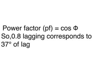 Power factor (pf) = cos Φ
So,0.8 lagging corresponds to
37° of lag
 