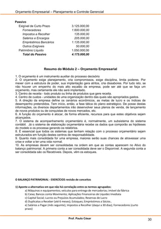 Orçamento Empresarial – Planejamento e Controle Gerencial


Passivo
  Exigível de Curto Prazo                     3.125.000,00
     Fornecedores                             1.600.000,00
     Impostos a Recolher                        135.000,00
     Salários e Encargos                        205.000,00
     Empréstimos Bancários                    1.135.000,00
     Outros Exigíveis                            50.000,00
  Patrimônio Líquido                          1.050.000,00
     Total do Passivo                         4.175.000,00



                       Resumo do Módulo 2 – Orçamento Empresarial

1. O orçamento é um instrumento auxiliar do processo decisório
2. O orçamento exige planejamento, cria compromissos, exige disciplina, limita poderes. Por
mexer com a estrutura de poder, sua implantação gera atritos, cria dissabores. Por tudo isto, se
não houver um empenho do mais alto escalão da empresa, pode ser até que se faça um
orçamento, mas certamente ele não será implantado.
3. Centro de receita - todo produto ou linha de produtos que gere receita.
4. Centro de custos - unidades de uma organização dentro das quais são apropriados gastos.
5. A direção da empresa define os cenários econômicos, as metas de lucro e os índices de
desempenho pretendidos. Tem início, então, a fase tática do plano estratégico. De posse destas
informações, os diversos departamentos irão desenvolver seus planos de venda, de lançamento
de novos produtos ou de conquistas de novos mercados, etc.
6. A função do orçamento é alocar, de forma eficiente, recursos para que estes objetivos sejam
alcançados.
7. O sistema de acompanhamento orçamentário é, normalmente, um subsistema do sistema
contábil. Já o sistema de elaboração orçamentária recebe os dados que comporão as hipóteses
do modelo e os processa gerando os relatórios.
8. É essencial que todos os sistemas que tenham relação com o processo orçamentário sejam
estruturados em função destes centros de responsabilidade.
9. Quanto mais consolidada for uma empresa, maiores serão suas chances de atravessar uma
crise e voltar a ter uma vida normal.
10. As empresas devem ser consolidadas na ordem em que as contas aparecem no Ativo do
balanço patrimonial. A primeira conta a ser consolidada deve ser o Disponível. A segunda conta a
ser consolidada são os Recebíveis. Depois, vêm os estoques.




O BALANÇO PATRIMONIAL - EXERCÍCIOS revisão de conceitos

1) Aponte a alternativa em que não há correlação entre os termos agrupados:
       a) Máquinas e equipamentos; veículos para entrega de mercadorias; imóvel da fábrica
       b) Caixa; Bancos conta Movimento; Aplicações Financeiras de Liquidez Imediata
       c) Capital Social; Lucros ou Prejuízos Acumulados; Reservas de Lucro
       d) Duplicatas a Receber (até 6 meses); Estoques; Empréstimos a Sócios..
       e) Salários a Pagar (mês seguinte), Impostos a Recolher (daqui a 30 dias); Fornecedores (curto
       prazo)


                                           Prof. Paulo César                                            30
 