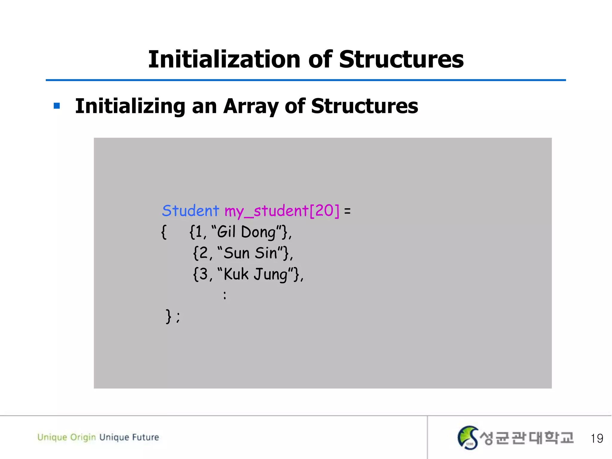19
Initialization of Structures
 Initializing an Array of Structures
Student my_student[20] =
{ {1, “Gil Dong”},
{2, “Sun Sin”},
{3, “Kuk Jung”},
:
} ;
 