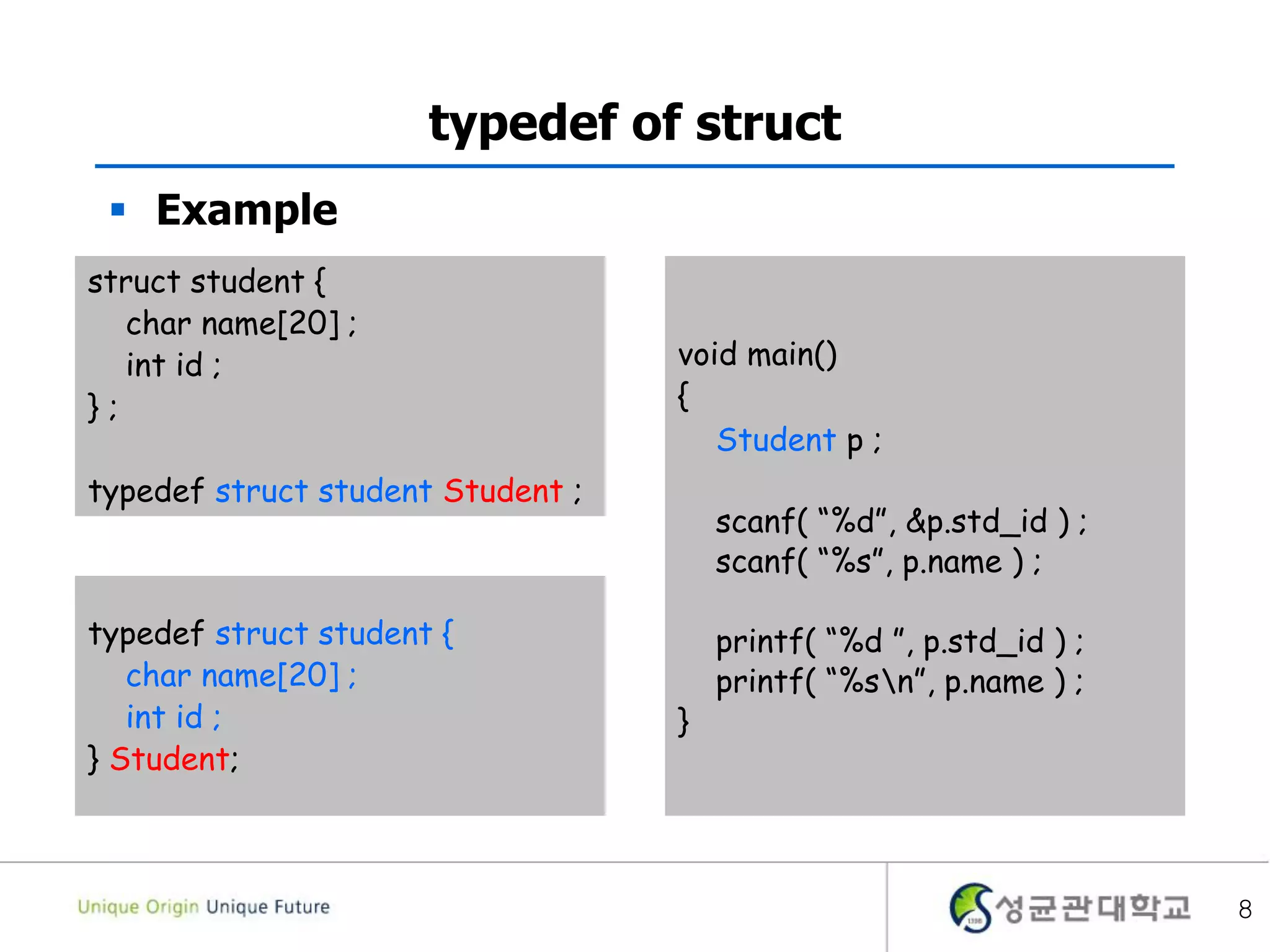 typedef of struct
 Example
8
typedef struct student {
char name[20] ;
int id ;
} Student;
struct student {
char name[20] ;
int id ;
} ;
typedef struct student Student ;
void main()
{
Student p ;
scanf( “%d”, &p.std_id ) ;
scanf( “%s”, p.name ) ;
printf( “%d ”, p.std_id ) ;
printf( “%sn”, p.name ) ;
}
 