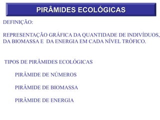 PIRÂMIDES ECOLÓGICAS
DEFINIÇÃO:
REPRESENTAÇÃO GRÁFICA DA QUANTIDADE DE INDIVÍDUOS,
DA BIOMASSA E DA ENERGIA EM CADA NÍVEL TRÓFICO.
TIPOS DE PIRÂMIDES ECOLÓGICAS
PIRÂMIDE DE NÚMEROS
PIRÂMIDE DE BIOMASSA
PIRÂMIDE DE ENERGIA