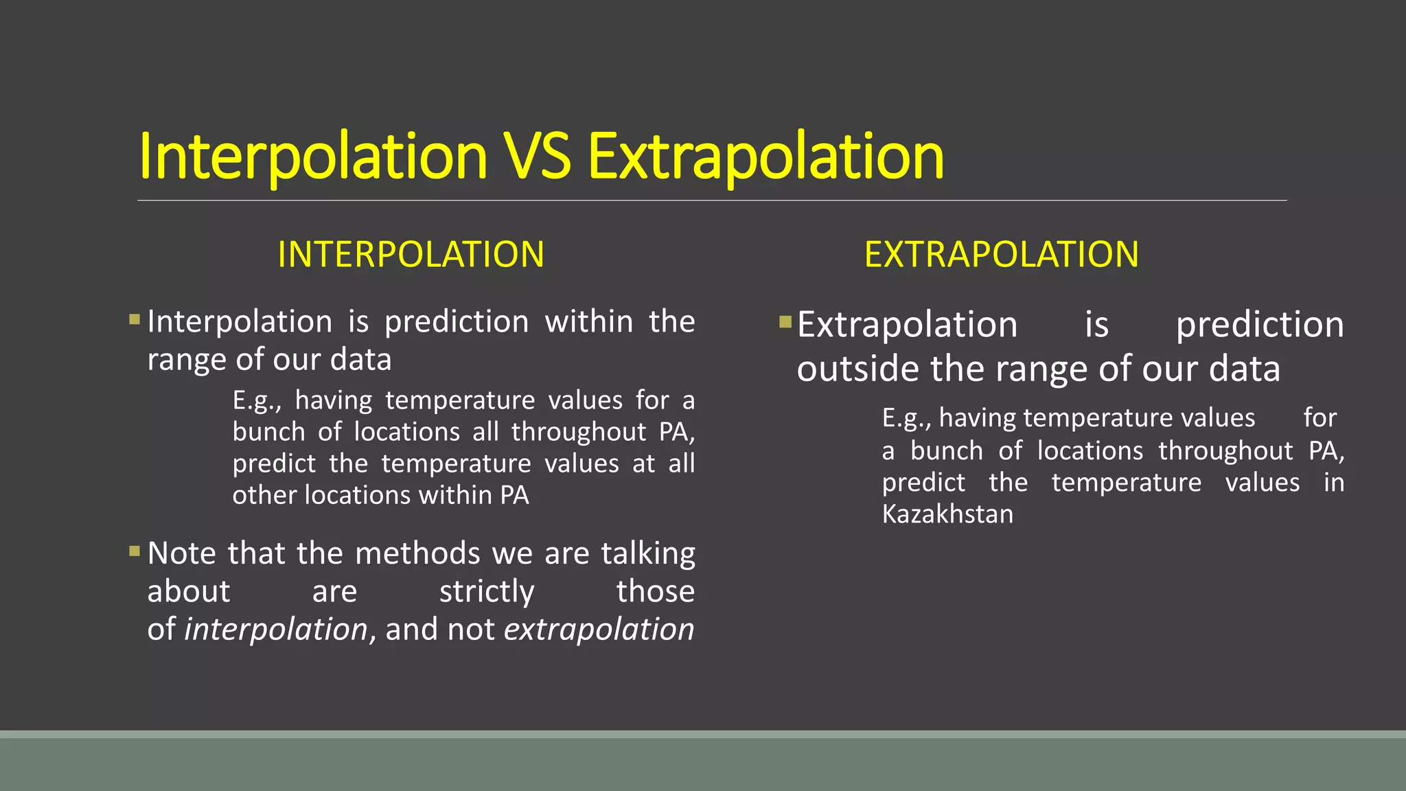 Interpolation VS Extrapolation
INTERPOLATION
Interpolation is prediction within the
range of our data
E.g., having temperature values for a
bunch of locations all throughout PA,
predict the temperature values at all
other locations within PA
Note that the methods we are talking
about are strictly those
of interpolation, and not extrapolation
EXTRAPOLATION
Extrapolation is prediction
outside the range of our data
E.g., having temperature values for
a bunch of locations throughout PA,
predict the temperature values in
Kazakhstan
 