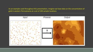 As an example used throughout this presentation, imagine we have data on the concentration of
gold in western Pennsylvania at a set of 200 sample locations
 
