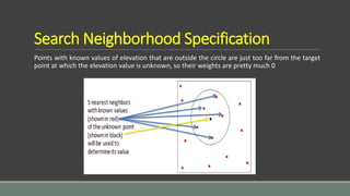 Search Neighborhood Specification
Points with known values of elevation that are outside the circle are just too far from the target
point at which the elevation value is unknown, so their weights are pretty much 0
 